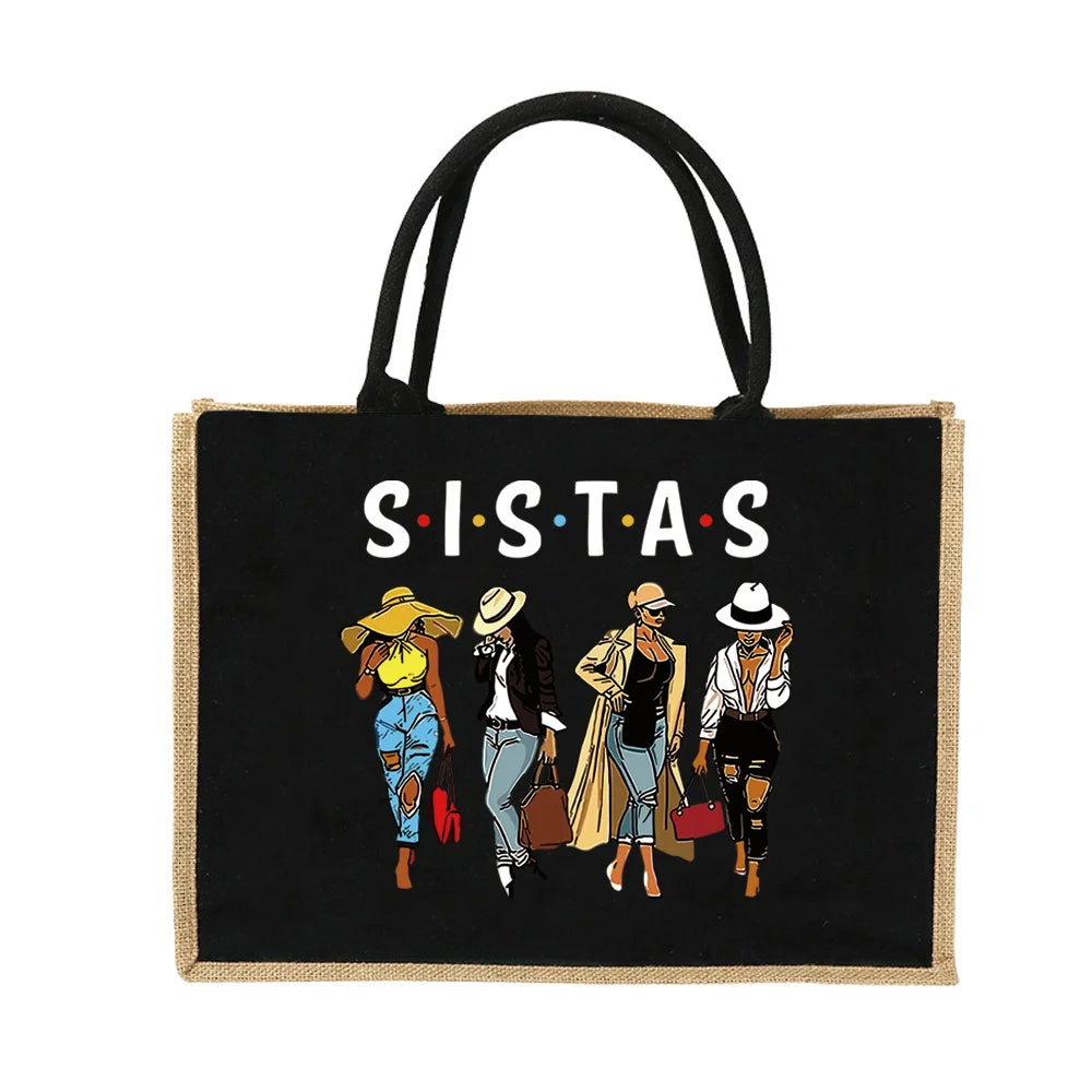 Schwarze Jute-Tasche mit grafischer Darstellung von fünf Frauen im Vintage-Stil.
