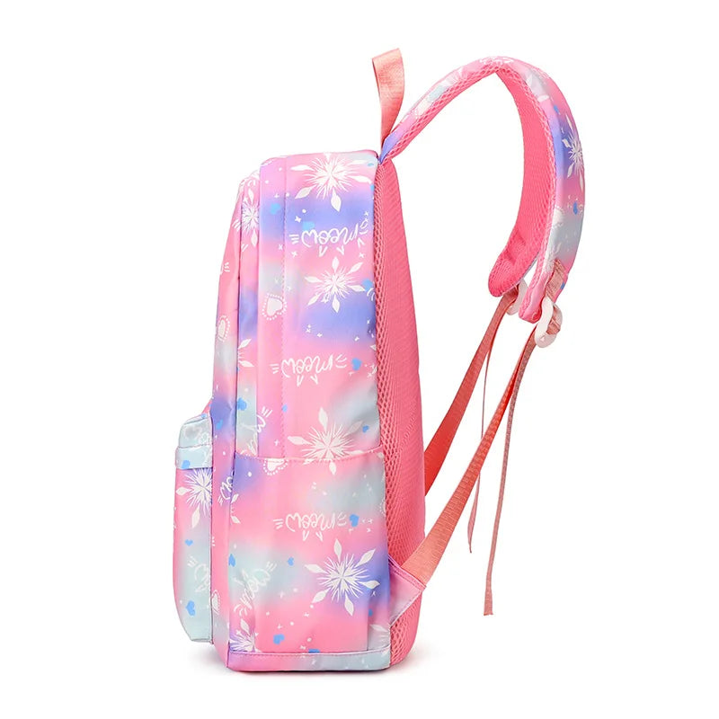 A pink multi-compartment backpack set with floral patterns and pink straps.