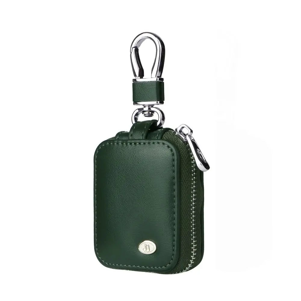 A dark green universal anti-loss protective case for earphones with a silver clasp.