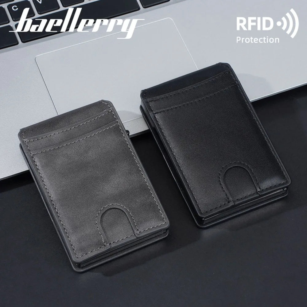 A black PU leather card holder wallet is shown next to a silver laptop, emphasizing RFID protection.