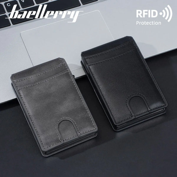 Cartera de cuero PU negra junto a una laptop plateada, destacando la protección RFID.