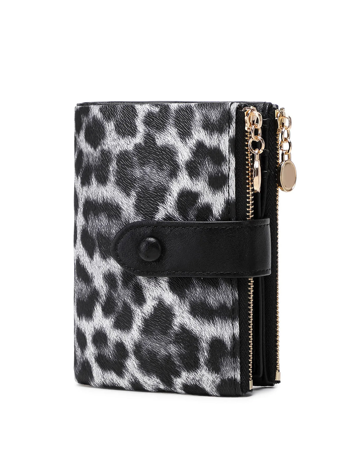 Black and white leopard print card holder wallet with gold zipper details