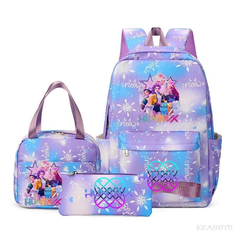 A purple multi-compartment backpack set featuring a floral pattern and various compartments for school or travel.