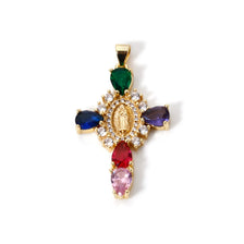 18K gold plated cross and Virgin Mary charm pendant with cubic zirconia gemstone features.