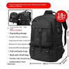 A black upgraded travel backpack shown with features like an expanding design, USB charging port, and multiple compartments.