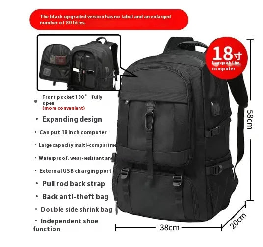 A black upgraded travel backpack shown with features like an expanding design, USB charging port, and multiple compartments.
