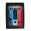 A black case holds three slim aluminum metal ID card wallets in blue, silver, and pink.
