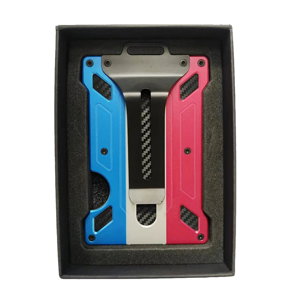 A black case holds three slim aluminum metal ID card wallets in blue, silver, and pink.