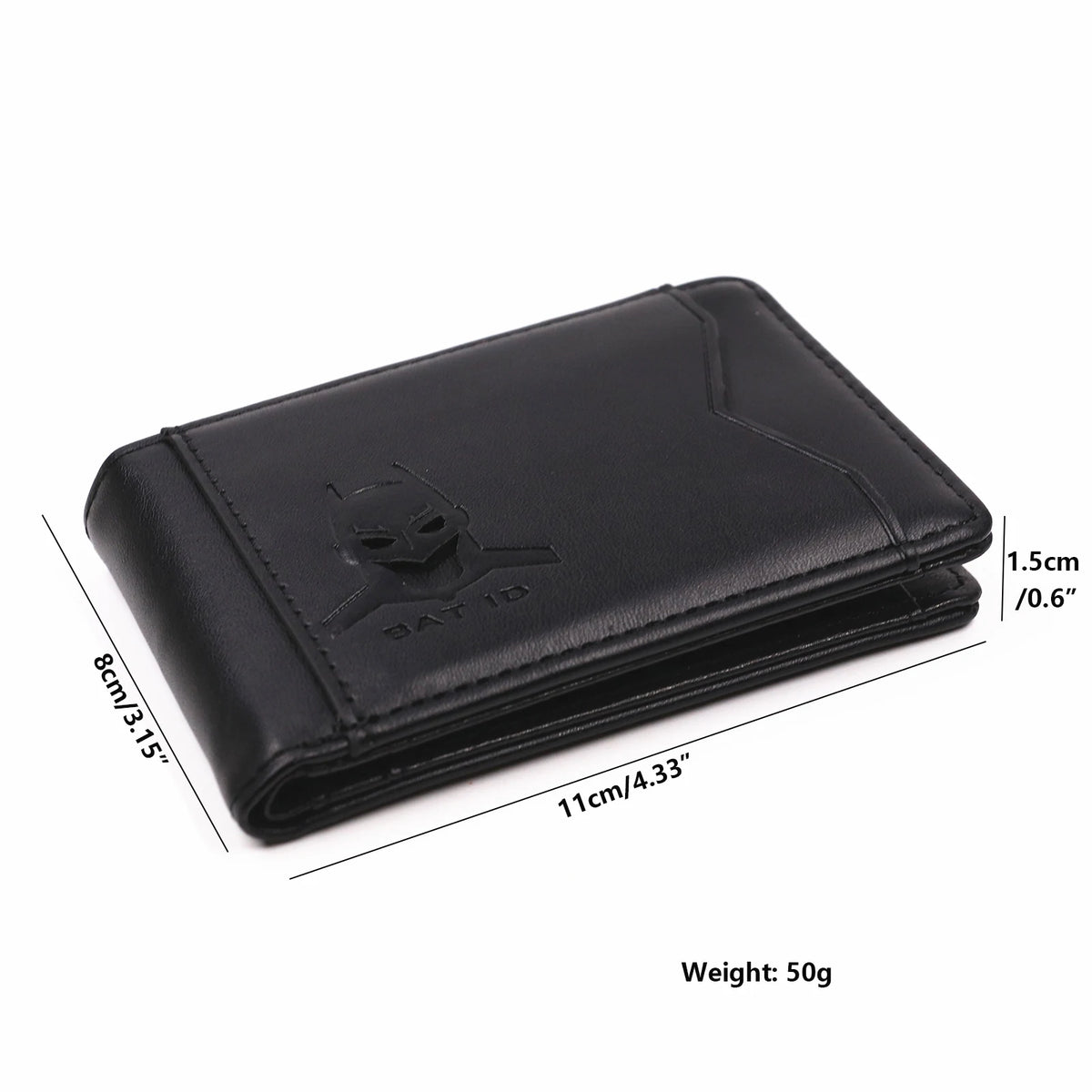 Cartera delgada de cuero negro con diseño de bate ID, vista desde arriba