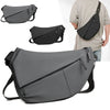 A gray women's casual PU chest bag shown in multiple views and being worn by a person.