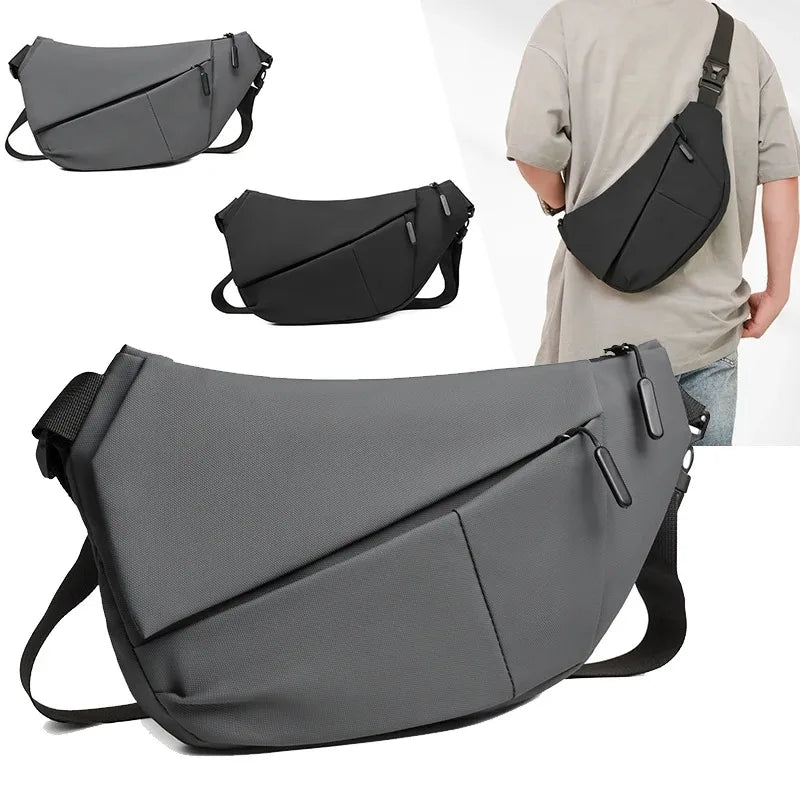 A gray women's casual PU chest bag shown in multiple views and being worn by a person.