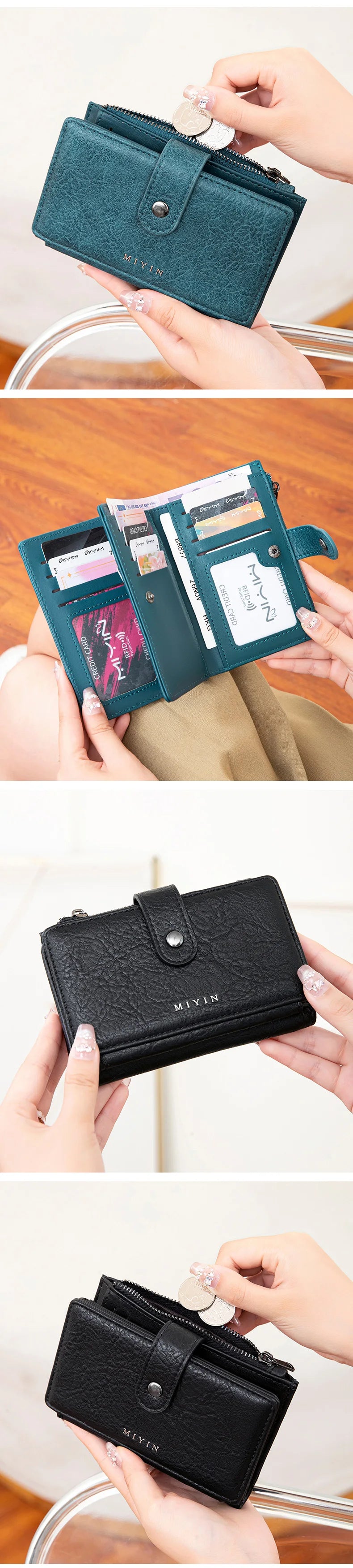 A hand holds a dark teal clutch wallet and a black leather clutch wallet.
