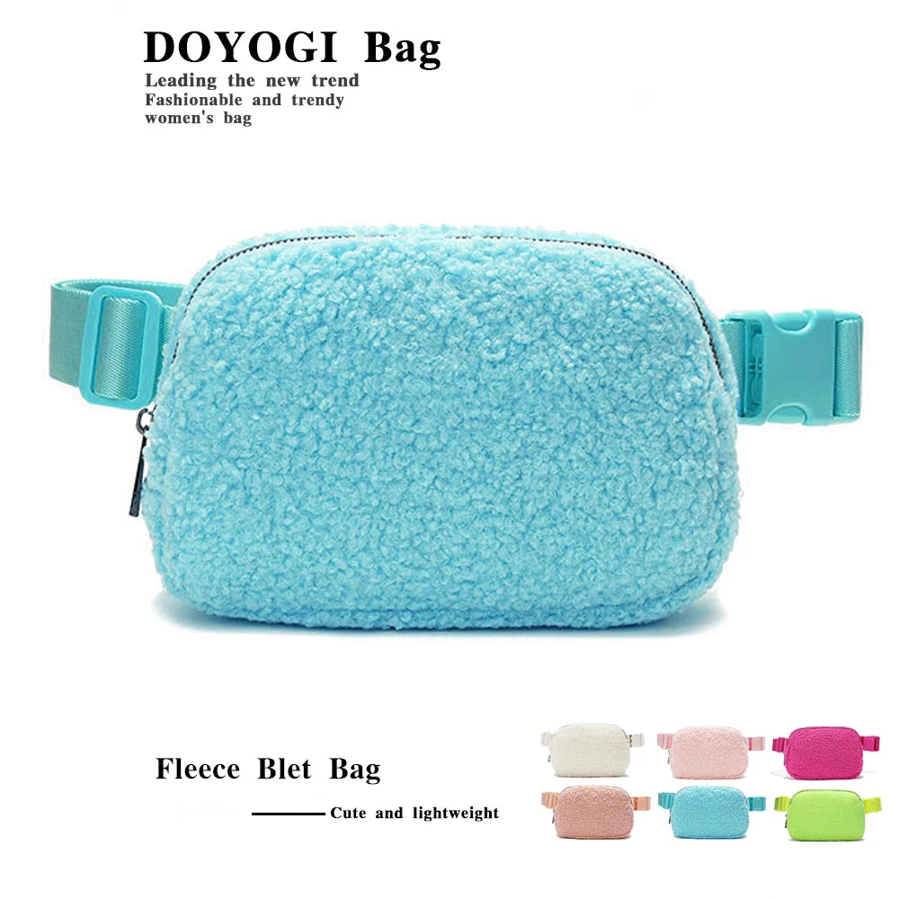 Light blue fleece belt bag shown with various color options.