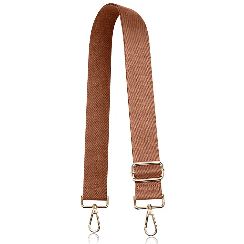 A brown nylon crossbody bag strap with a gold-toned buckle and metal loop.