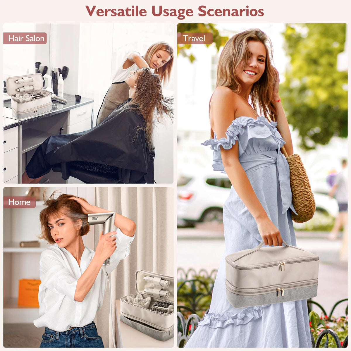 A woman uses a double-layer hair dryer and accessory storage case in various settings like a salon, travel, and home.