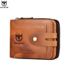 A brown genuine leather wallet with stitching and a black textured edge.