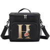 Black insulated canvas lunch bag with gold initial H and dual handles