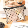 A clear mesh cosmetic storage pouch with black mesh and a gold-colored cosmetic product inside, resting on white paper.