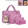 A pink fashion embossed PU handbag set featuring a large bag and a smaller wallet, with bear-themed charms.
