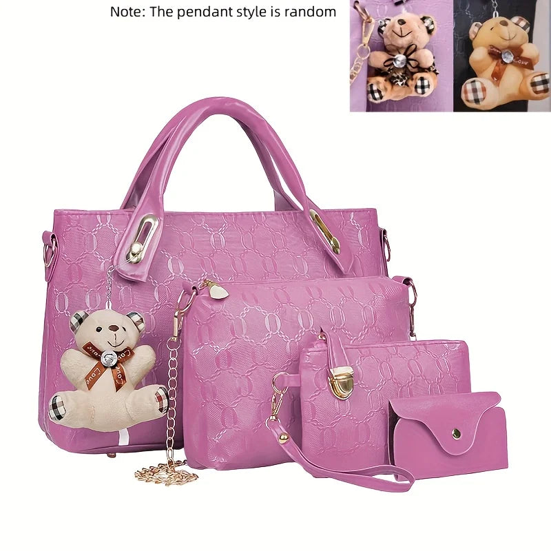 A pink fashion embossed PU handbag set featuring a large bag and a smaller wallet, with bear-themed charms.