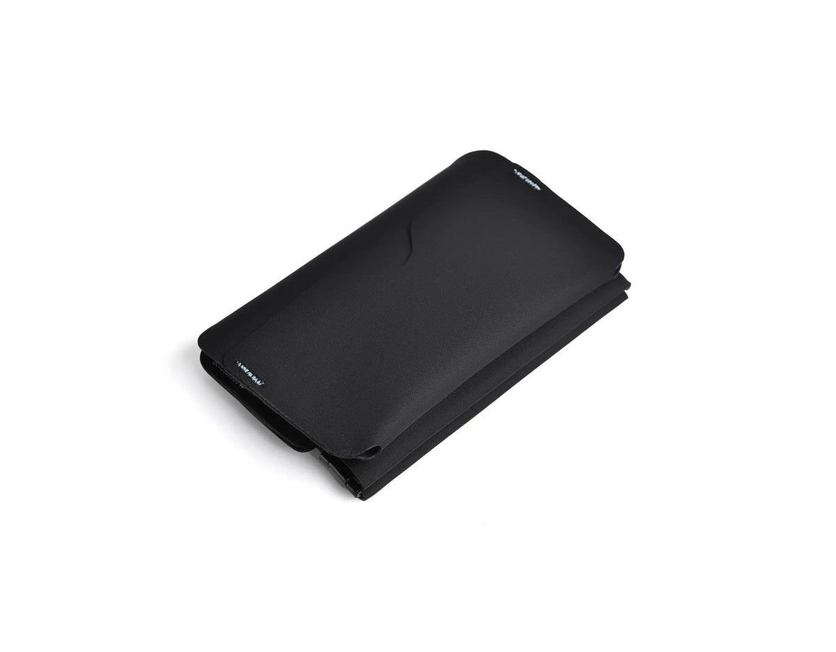 Black magnetic foldable ID card holder and coin purse shown from above.