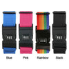 Four adjustable luggage security straps in blue, pink, rainbow, and black.