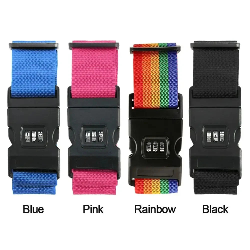 Four adjustable luggage security straps in blue, pink, rainbow, and black.