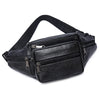 Black men's PU leather waist pack with an adjustable strap shown from above.