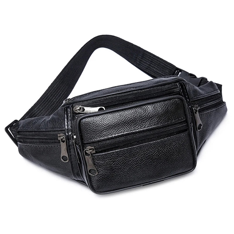 Black men's PU leather waist pack with an adjustable strap shown from above.