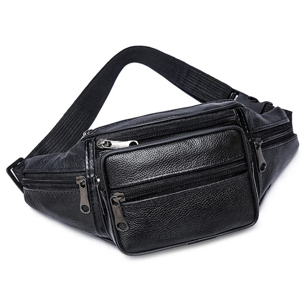 Black men's PU leather waist pack with an adjustable strap shown from above.
