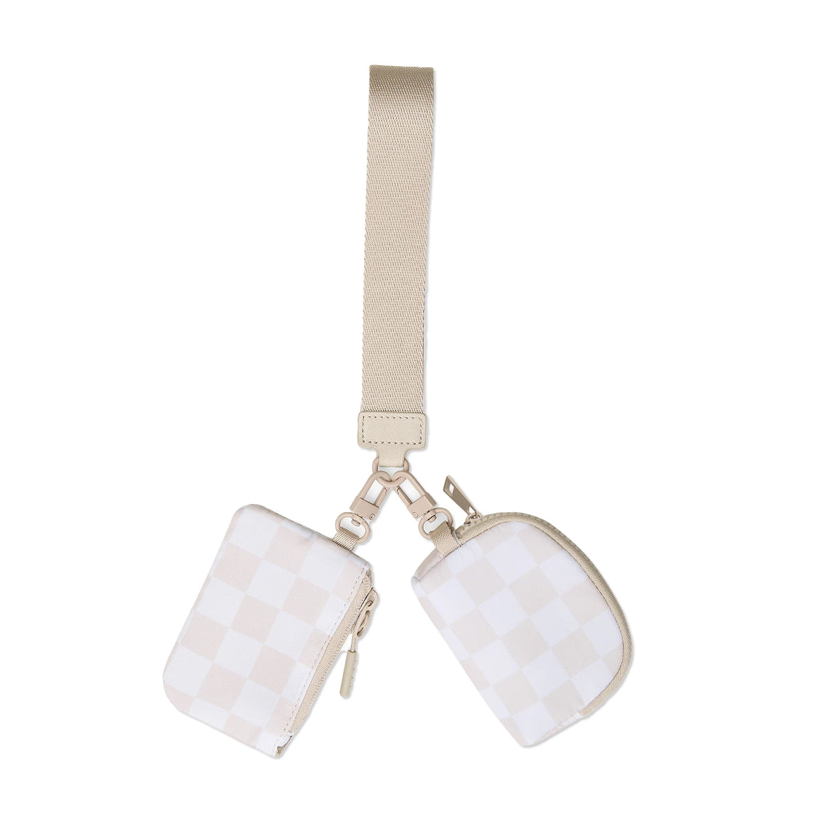 A beige nylon zipper wristlet pouch with a strap and two attached pouches for coins and essentials.