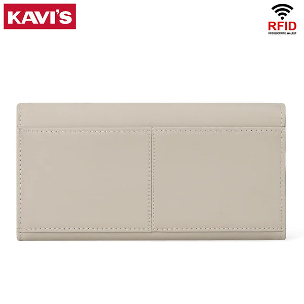 A light beige genuine leather women's wallet with two compartments and an RFID blocking feature.