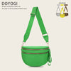 A bright green nylon crossbody bag with a strap, shown against a light background.