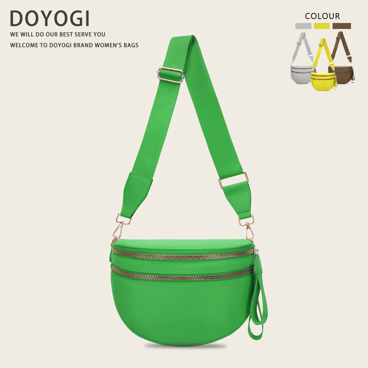 A bright green nylon crossbody bag with a strap, shown against a light background.