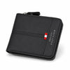 Black men's zippered multi-functional leather wallet shown from the top view.