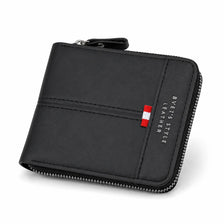 Black men's zippered multi-functional leather wallet shown from the top view.