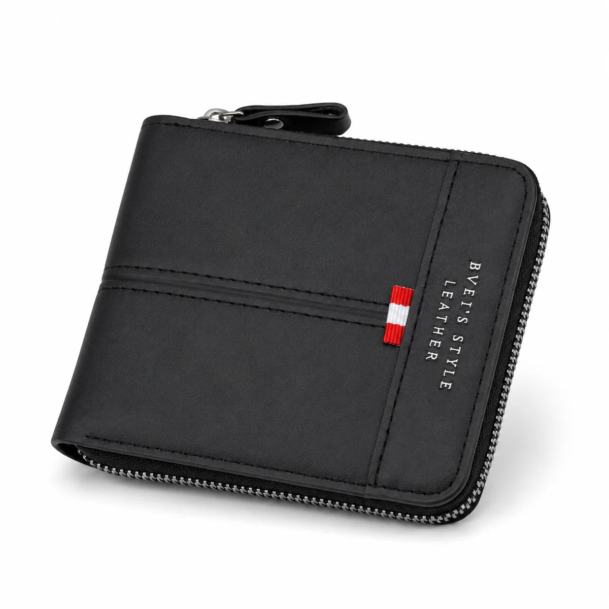 Black men's zippered multi-functional leather wallet shown from the top view.