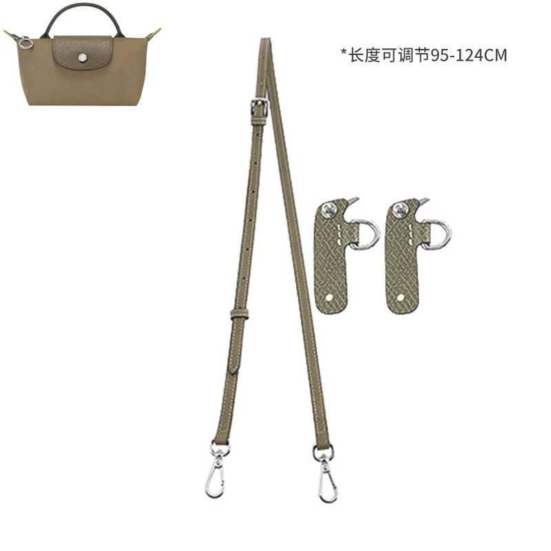 Kit de correa de cuero para bolsos mini, mostrando un bolso de cuero color arena y correas ajustables