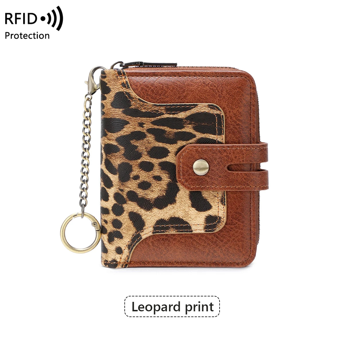 A brown leather bifold wallet with a leopard print cover and a metal chain attached.
