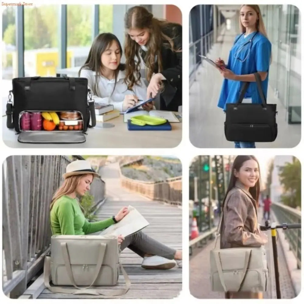 A woman is shown using an insulated 2-in-1 lunch tote bag for laptop and essentials in various outdoor settings.