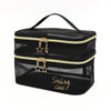 Black mesh travel cosmetic storage pouch with gold accents and a signature script