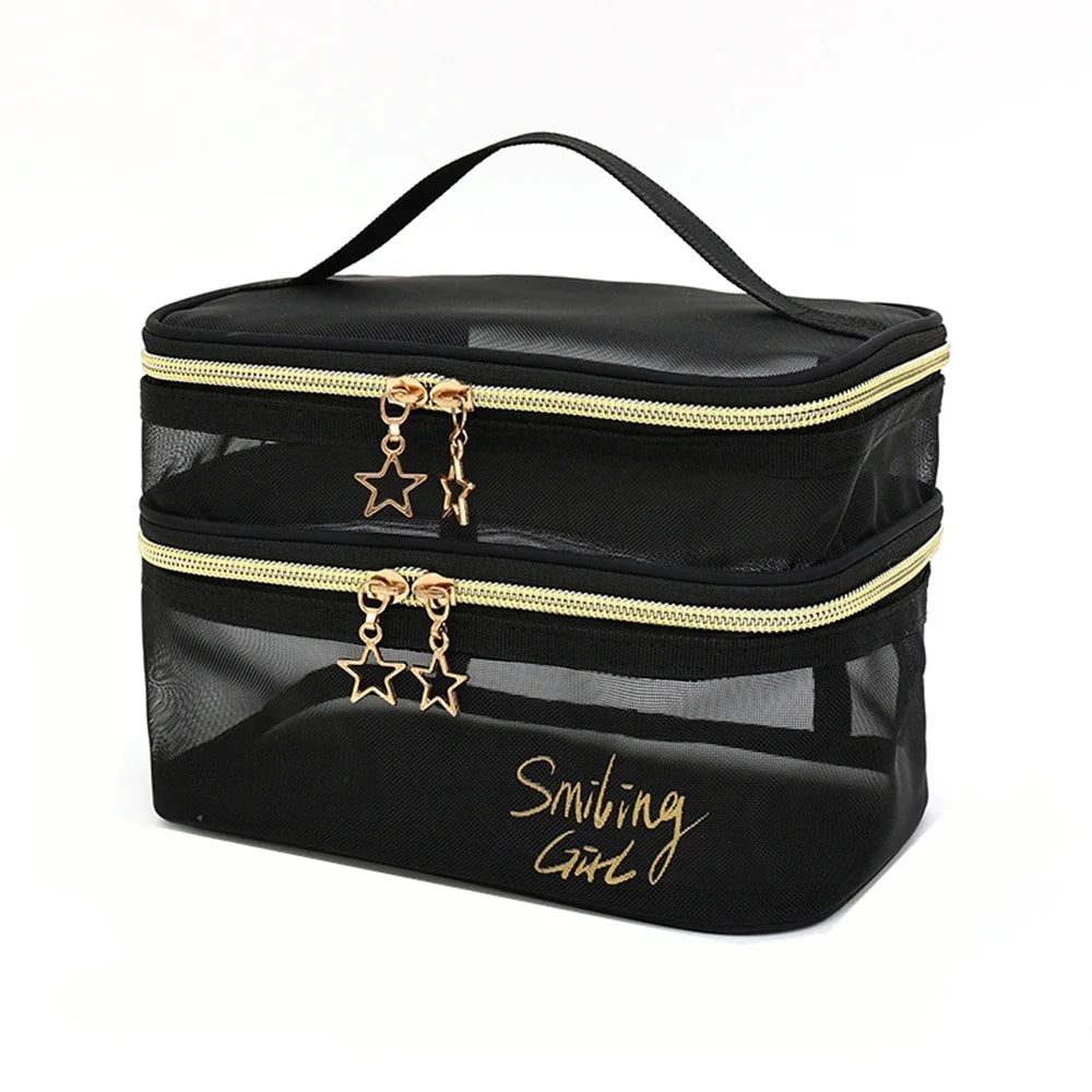 Black mesh travel cosmetic storage pouch with gold accents and a signature script
