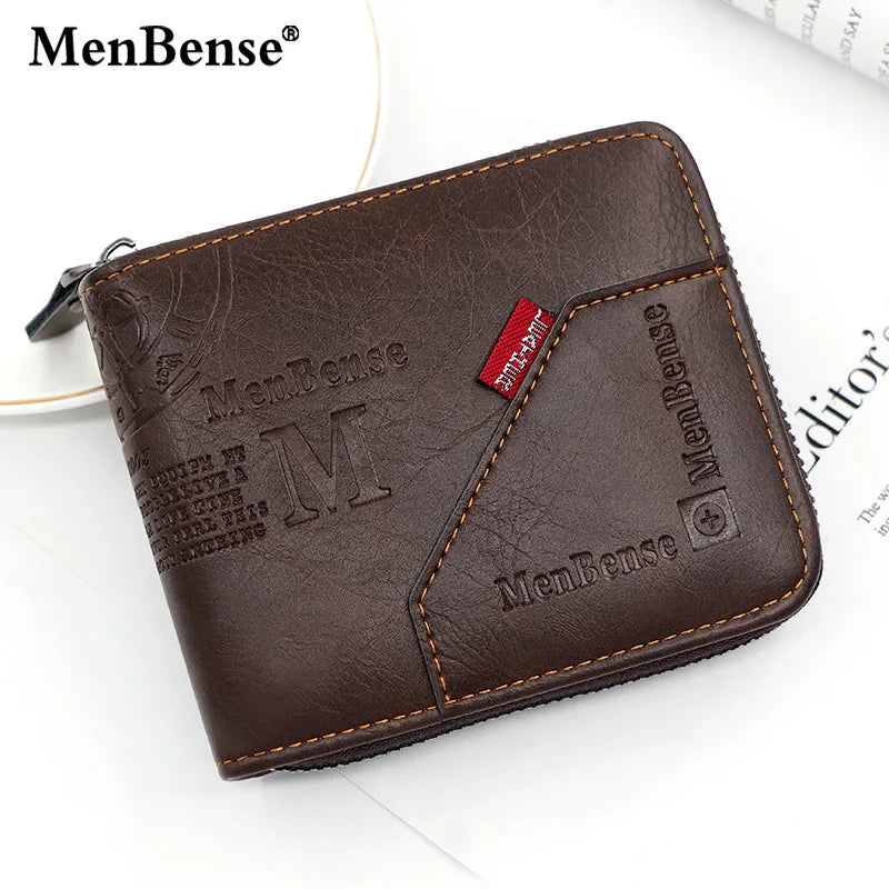 A dark brown MenBense PU leather wallet with a coin pocket and card holder shown on a white background.