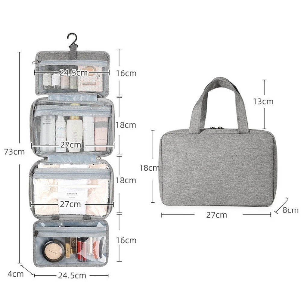 A gray travel toiletry bag with a hanging hook, showing various compartments and dimensions.