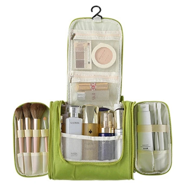 A lime green multi-compartment travel pouch with floral print accents, holding various beauty and grooming items.