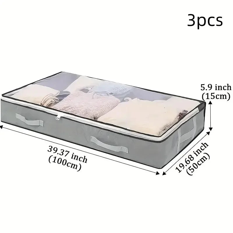 A rectangular dustproof under bed storage box with reinforced handles shown lying on its side.