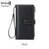 Black leather trifold clutch wallet with a lanyard and protection feature