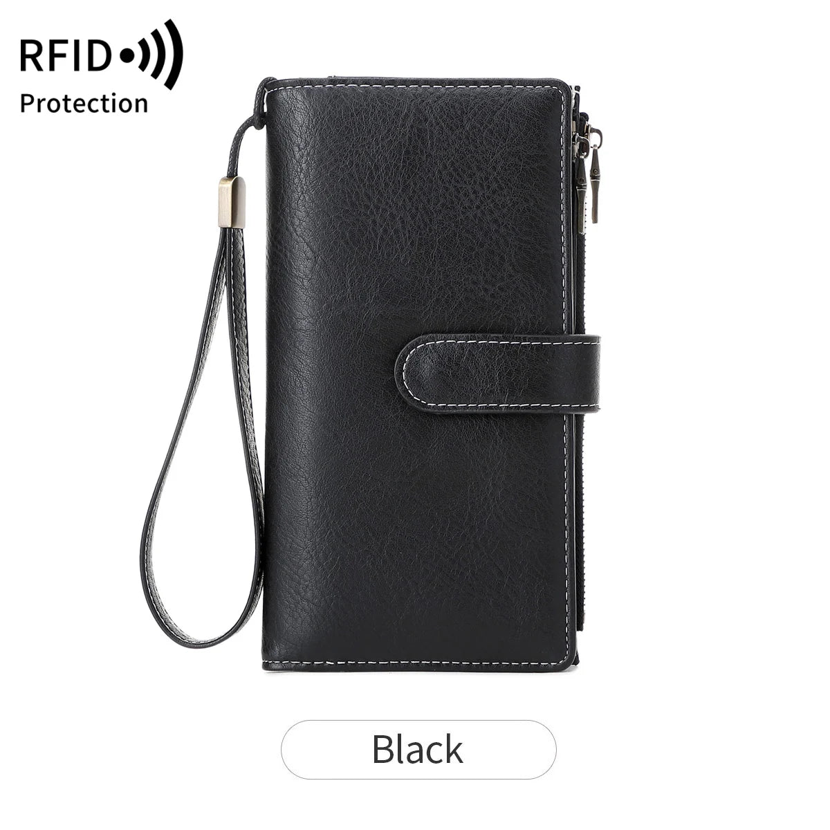 Black leather trifold clutch wallet with a lanyard and protection feature