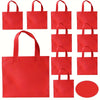 A set of red non-woven tote bags with handles shown in various sizes.