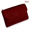 A maroon genuine leather mini card holder wallet with a zippered opening and an RFID logo visible.